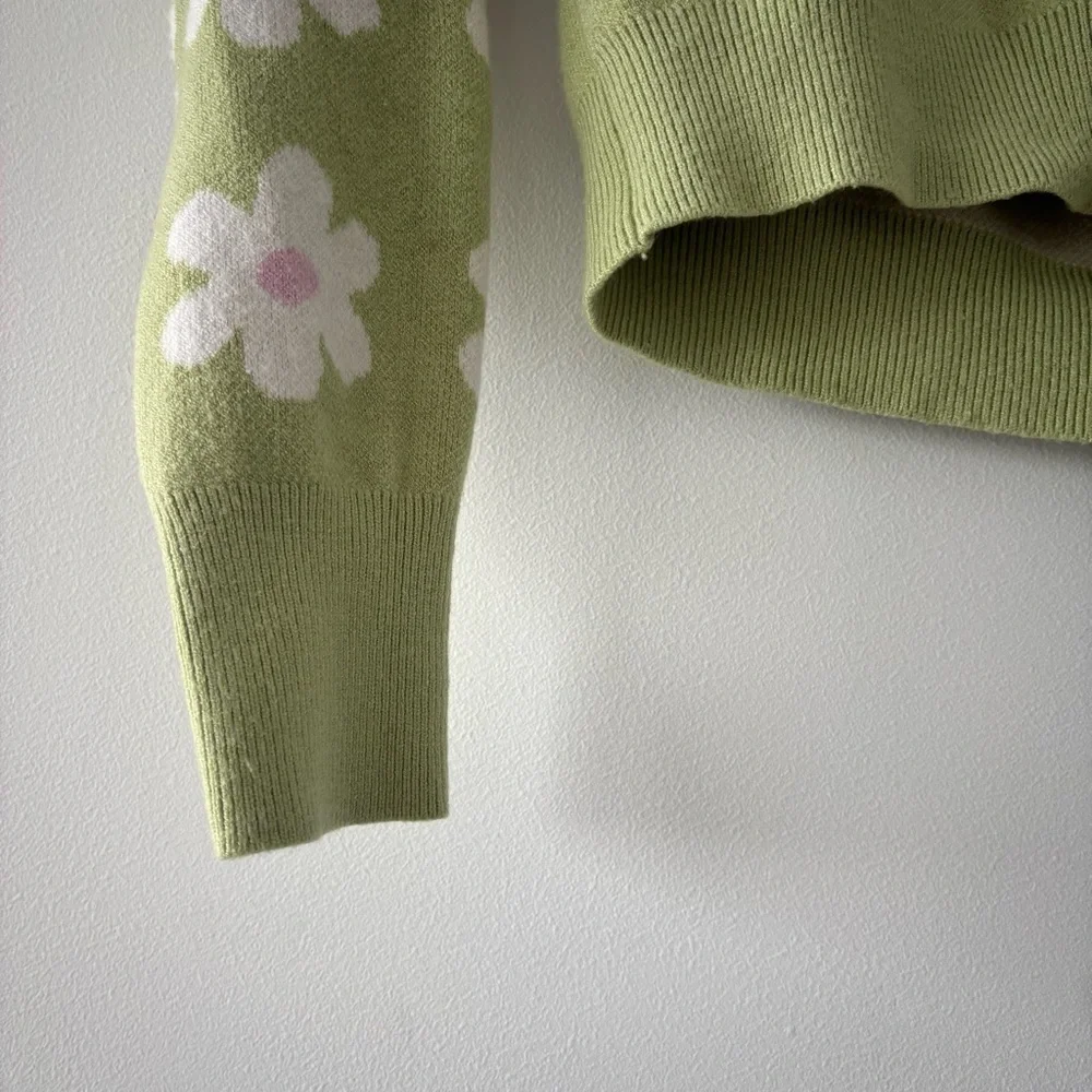 Willow & Wind Cropped Daisy Green Buttoned V-Neck Floral Retro MCM Cardigan S - Picture 4 of 7